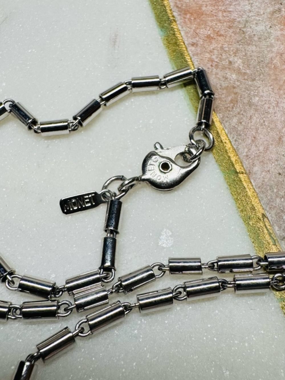 Monet Silver Tone Geometric Pendant Necklace Long Statement - Picture 4 of 7